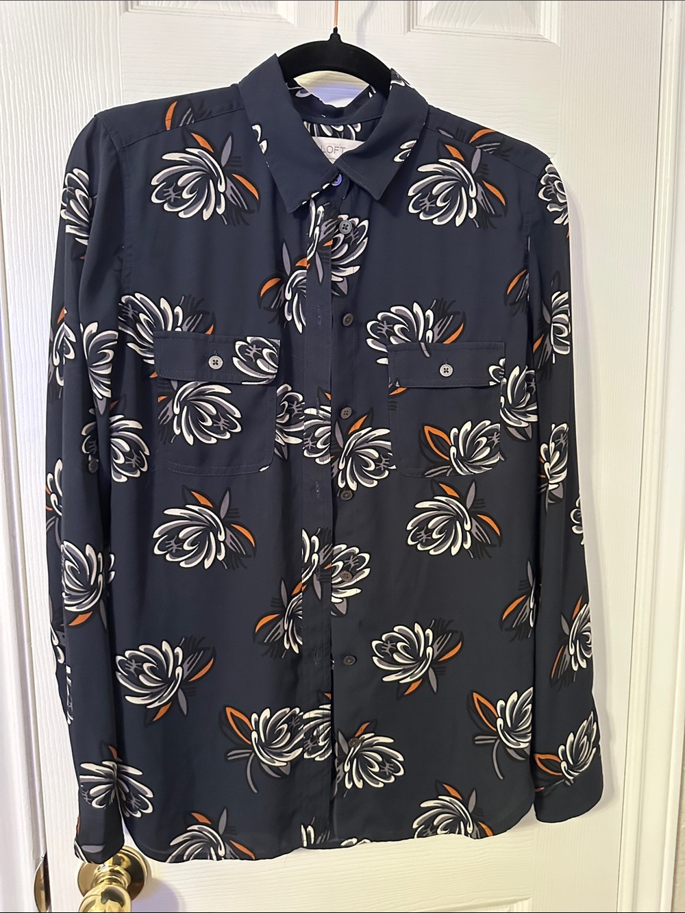 LOFT Navy Floral Button-Down Shirt with White and Orange Blooms